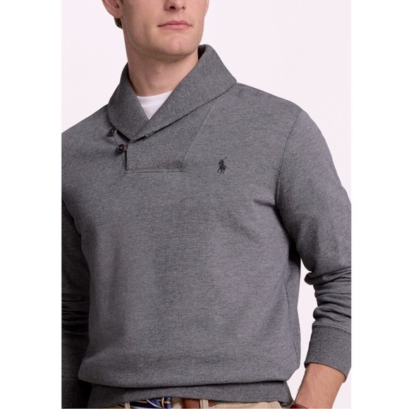 POLO RALPH LAUREN • Gray Shawl Collar Luxury Pullover Jersey Sweater - Picture 4 of 8